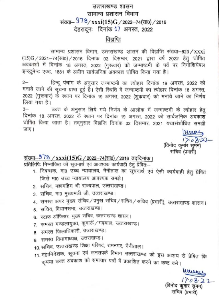 जन्माष्टमी का सार्वजनिक अवकाश अब 19 अगस्त को, सामान्य प्रशासन ने 18 अगस्त के सार्वजनिक अवकाश के आदेश में किया बदलाव